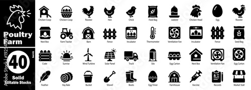 Poultry farm solid editable stock icons set vector illustration.