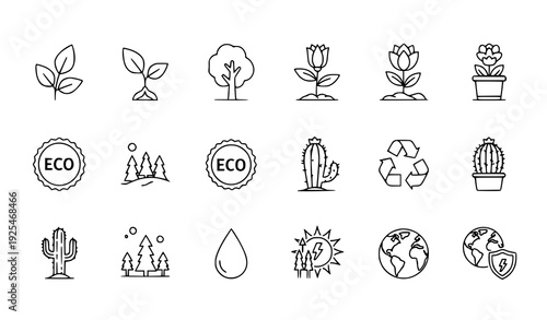A set of eco-friendly icons and illustrations in a minimalist line art style