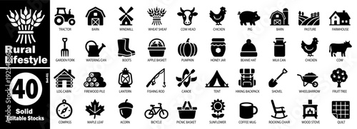 Rural lifestyle solid editable stocks icon set, farm and countryside elements vector illustration.