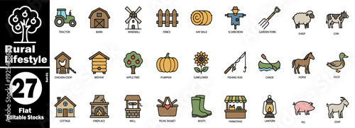 Rural lifestyle flat editable stocks icon set, farm and countryside elements vector illustration.