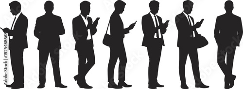 Large collection of black silhouettes featuring professional businessmen in suits using smartphones and mobile devices while standing isolated on white background for corporate communication