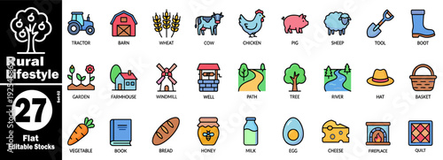 Rural lifestyle flat editable stocks icon set, farm and countryside elements vector illustration.