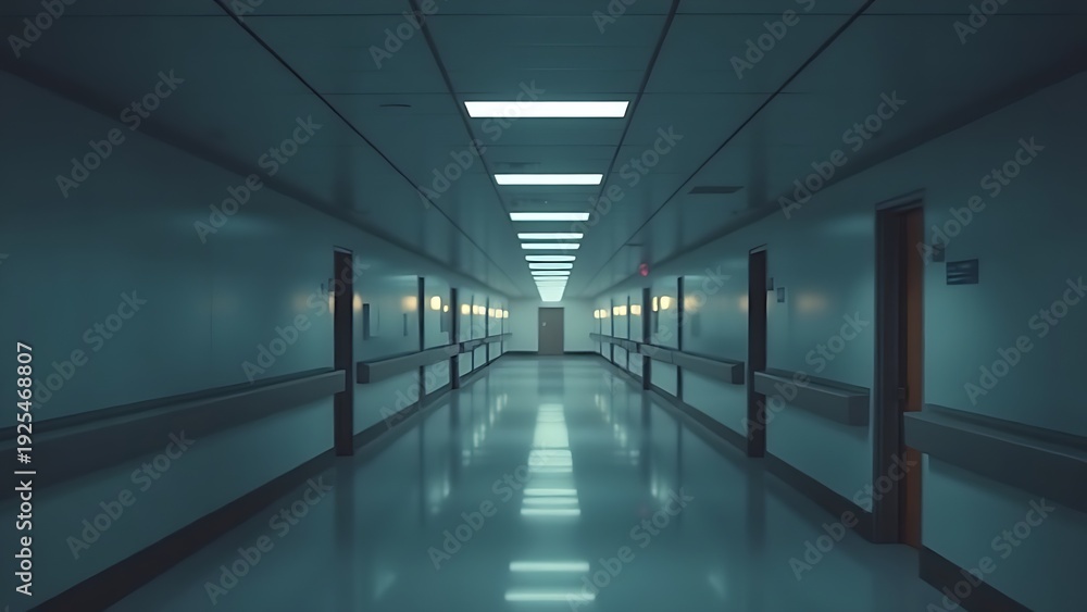 Fototapeta premium Long hospital corridor with distant glowing lights, evoking an atmospheric perspective with cool minimalist tones.