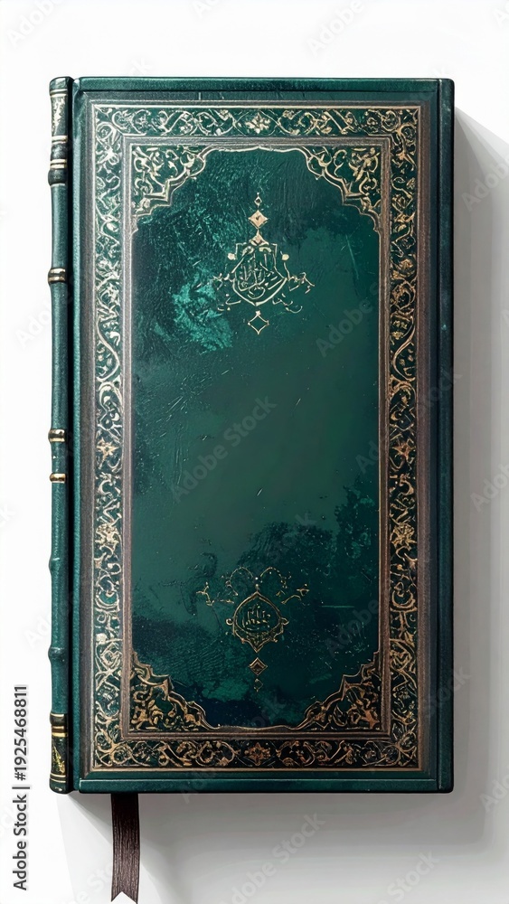 Fototapeta premium Vintage Emerald Green Book with Ornate Gold Border Isolated on White