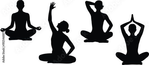 Black silhouettes of people sitting in various meditation and yoga poses including lotus position and stretching isolated on white background for wellness and health