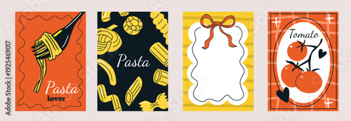 Pasta lovers card set with tomatoes, spaghetti and other Mediterranean food. Whimsical vector illustration for poster, banner, cover, print.

