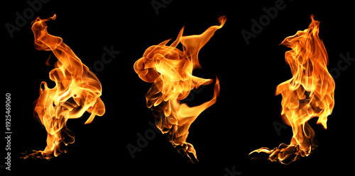 Obraz na plátně Realistic fire flames isolated on black background, dynamic blaze collection with glowing orange light and smooth motion
