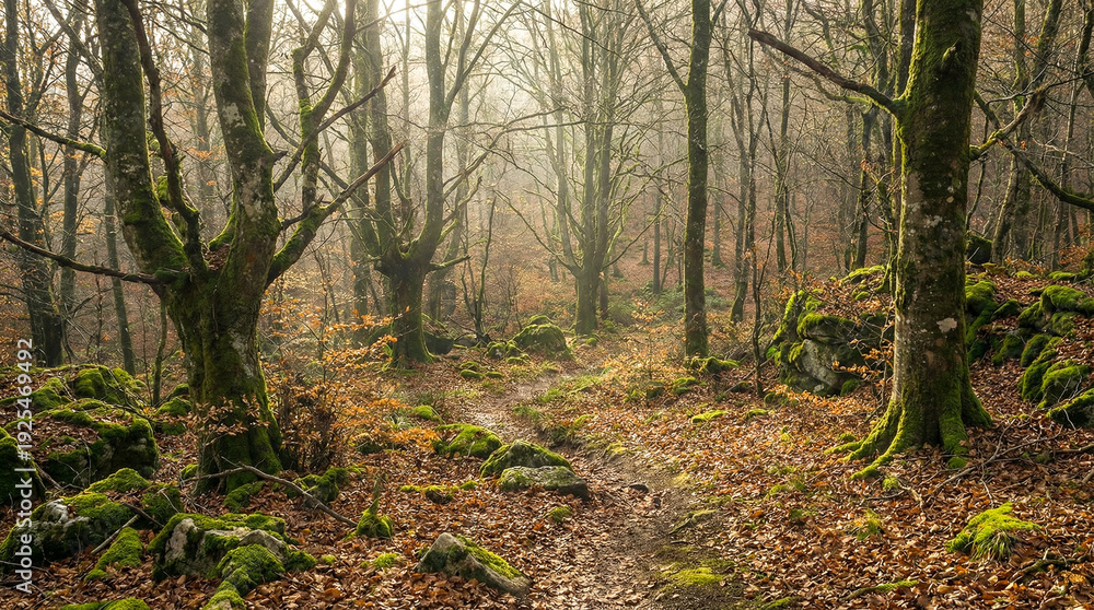 Obraz premium Interior de un bosque sereno con árboles de troncos desnudos. El suelo está cubierto de hojas secas marrones y numerosas rocas tapizadas de un intenso musgo verde.