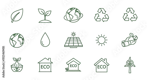 EcoFriendly Line Icons Set for Sustainable Living and Environmental Protection.