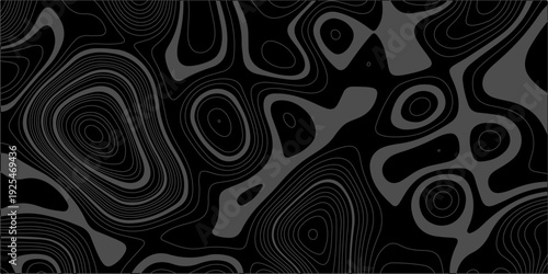 abstract black topographic map background with dark grey organic contour lines, topographic terrain vector texture