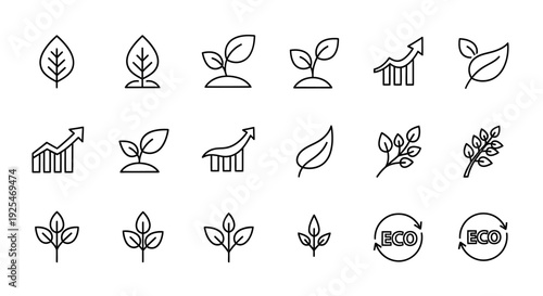 Set of 20 Growth and Eco Line Icons such as Leaf Plant Chart Eco and more.