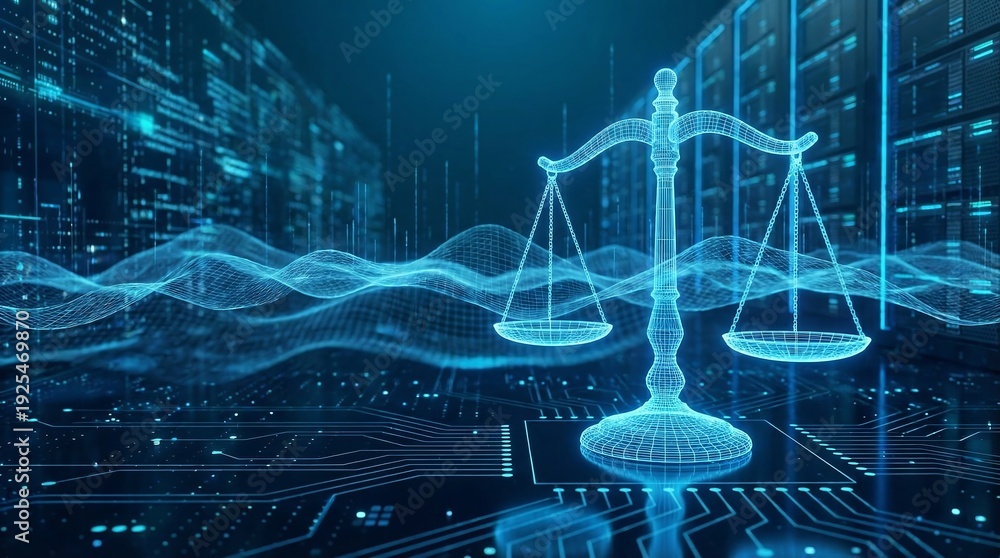 Obraz Digital balancing scale justice, fairness in modern technology environment. Holographic scales balance on illuminated datum background of ai circuitry. Innovation concept in abstract futuristic