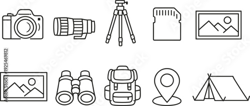 Collection of outdoor adventure and photography icons in a clean line art style