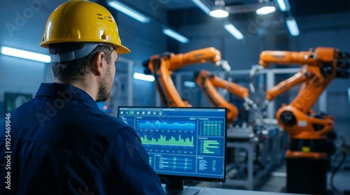 Factory worker observes robotic arms via computer screen. Automation manufacturing process Industry 4. 0, IOT software control operation. Modern digital industrial revolution, engineering in