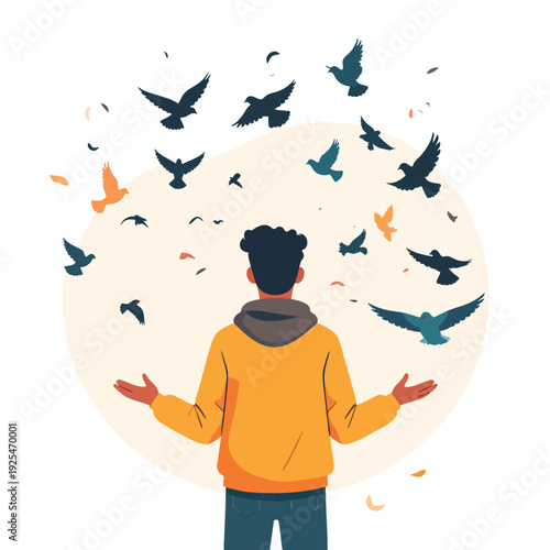 A person standing with arms outstretched as birds fly around them in a circular motion