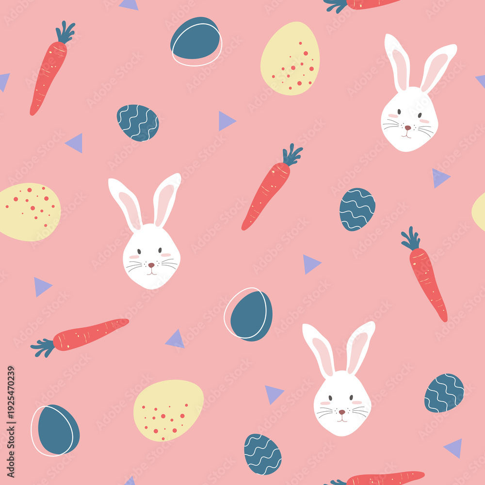 Fototapeta premium Easter bunny, carrots and eggs seamless pattern