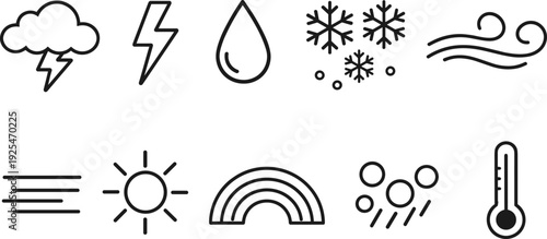 Collection of weather icons including sun, cloud, lightning, rain, snow, wind, and thermometer