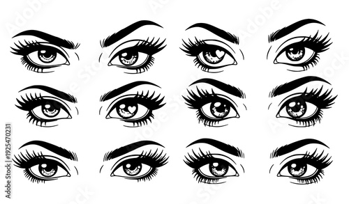 Y2K anime manga eye set vector black white comic character expression collection