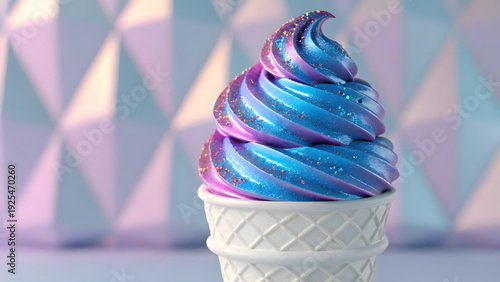 A macro shot of futuristic holographic ice cream in electric blue and magenta inside a crisp white cone. Glitter flows over its liquid, undulating surface. Glossy, unreal aesthetic.