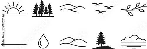 Collection of simple line art icons representing nature and weather elements
