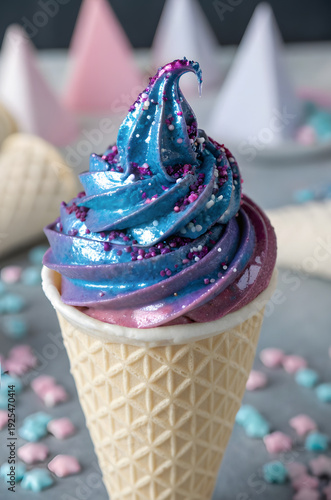 A macro shot of futuristic holographic ice cream in electric blue and magenta inside a crisp white cone. Glitter flows over its liquid, undulating surface. Glossy, unreal aesthetic.
