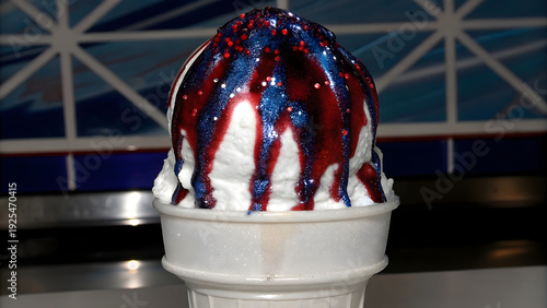 A macro shot of futuristic holographic ice cream in electric blue and magenta inside a crisp white cone. Glitter flows over its liquid, undulating surface. Glossy, unreal aesthetic.