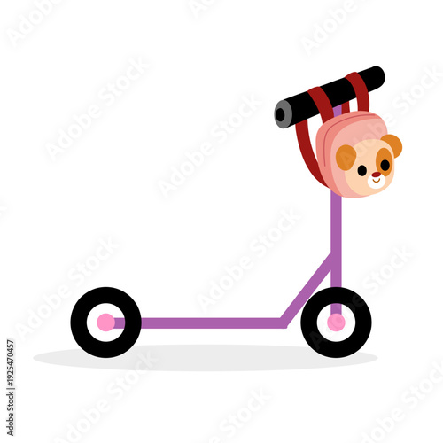 Vector flat illustration of cute purple kick scooter with bear face backpack. Cute style girls ride isolated on white