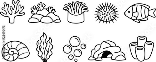 Collection of simple line art icons representing marine life and underwater elements