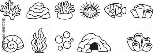 Collection of simple line art icons representing marine life and underwater elements