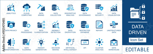Data driven icon set featuring analytics, cloud computing, artificial intelligence, and digital transformation symbols for business and technology infographics.