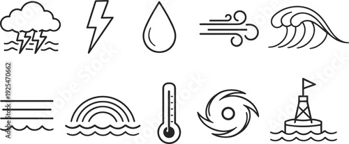 Collection of weather icons including storm, lightning, rain, wind, wave, fog, rainbow, thermometer, hurricane, and buoy
