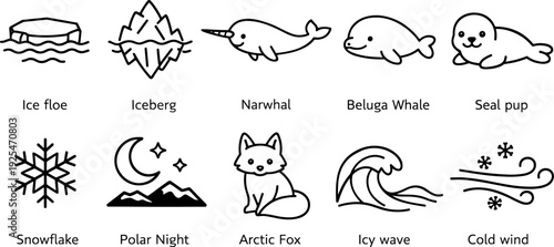 Collection of cute arctic animals and winter weather icons in a simple line art style