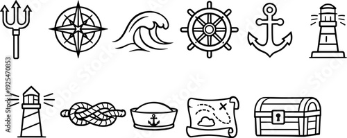 Nautical icons collection featuring trident, compass, wave, ship wheel, anchor, lighthouse, knot, hat, map, and chest