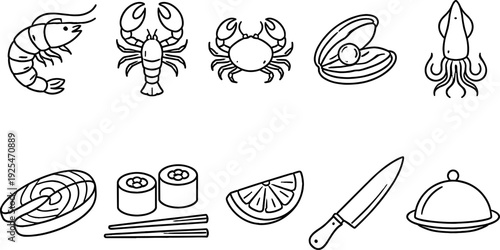 Collection of seafood and culinary icons in a simple line art style