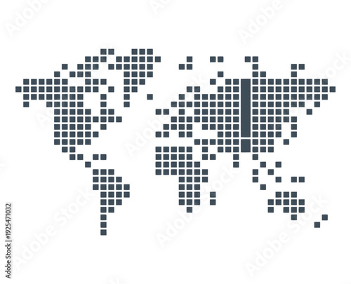 A pixelated map of the world on a white background