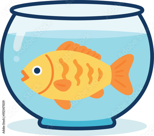 Orange goldfish swims in a clear fishbowl with blue trim and water on a white background