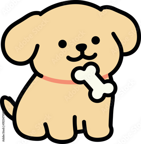 Happy puppy with bone sits patiently waiting for a treat or to play fetch