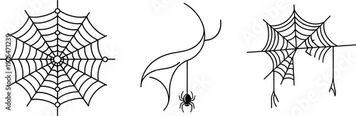 Collection of three stylized spider web illustrations with a single spider hanging