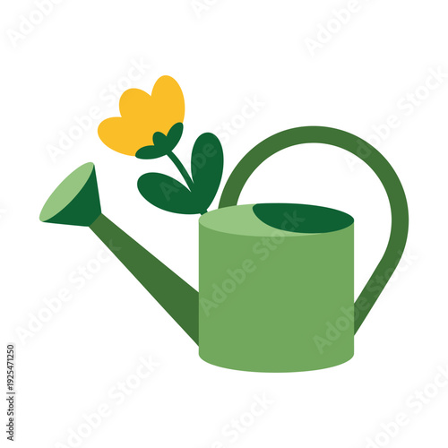 A green watering can with a yellow flower growing out of it