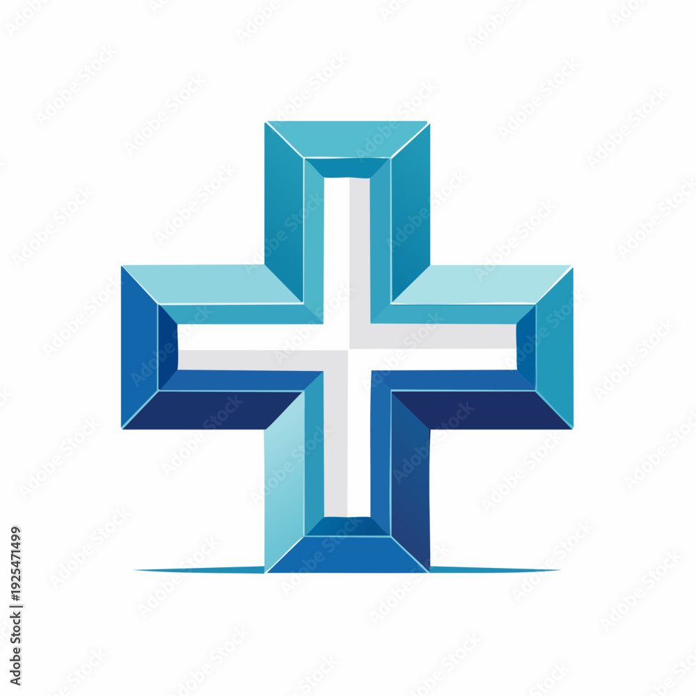 Fototapeta premium Modern three-dimensional blue medical cross symbol for healthcare and pharmacy