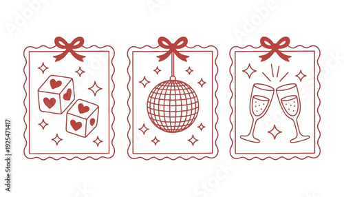 A festive party invitation card with a disco ball and champagne glasses