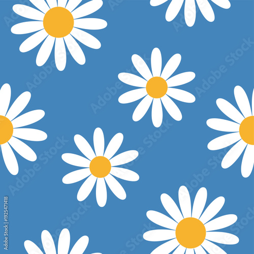 A vibrant pattern of white daisies on blue background
