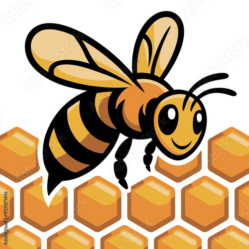 A cartoon bee flying over a honeycomb with a smile