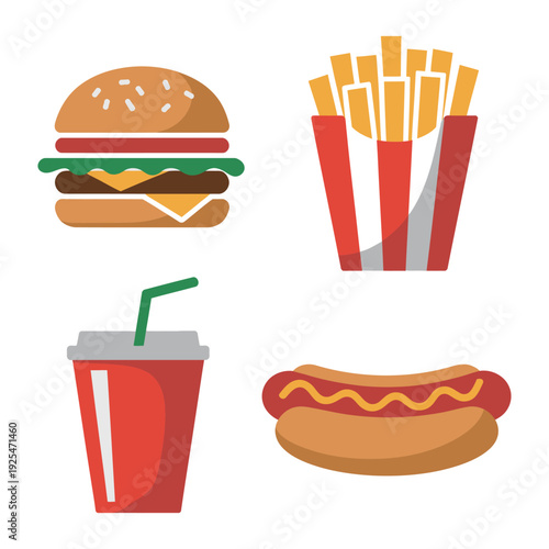 A colorful illustration of fast food items on a white background