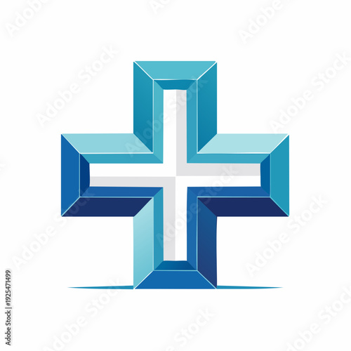 Modern three-dimensional blue medical cross symbol for healthcare and pharmacy