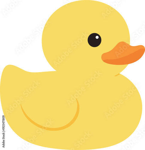 Cute rubber ducky floats calmly against a white background
