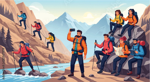 Hiker Vector Set Collection – Mountain Trekking and Camping Adventure Characters and Icons