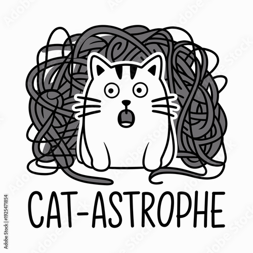 A cat with a surprised expression sits in front of a tangled mess of yarn. T 'Cat-astrophe',