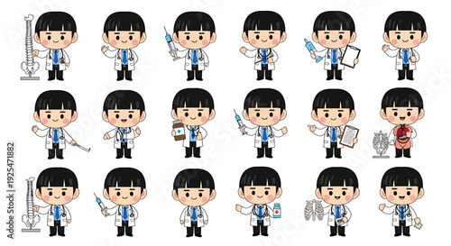 Collection of Cute Cartoon Doctor Characters in Various Poses and Actions.