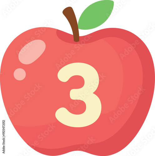 Bright red apple with a three in the middle for educational purposes